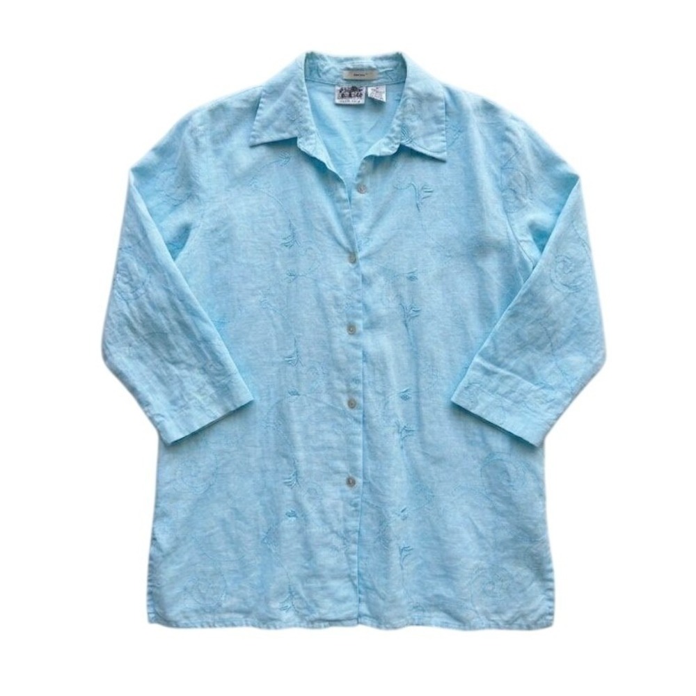Edward 100% Irish Linen Blue Embroidered Button Down Shirt Womens Large